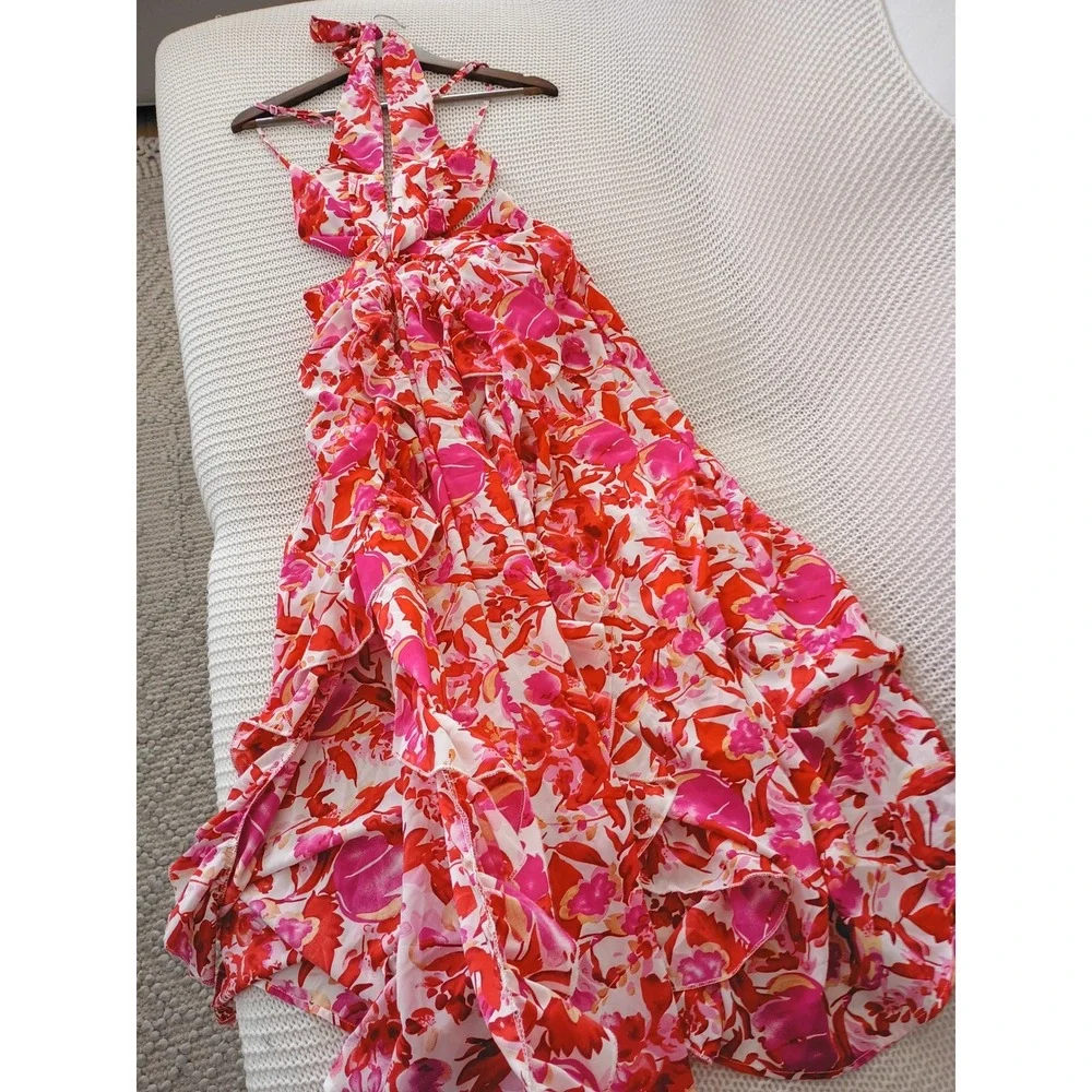 Tropical Floral Halter Maxi‎ Dress Cutout Waist Pink Red Orange Resort W26 S